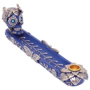 Fujima - 11" Golden Blue Skull & Butterfly Stick & Cone Polyresin Incense Burner