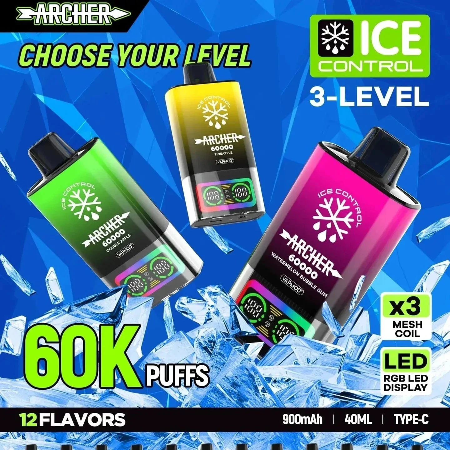 Archer 60K Ice Control Disposable Vape (5%, 60000 Puffs) - Watermelon Bubble Gum